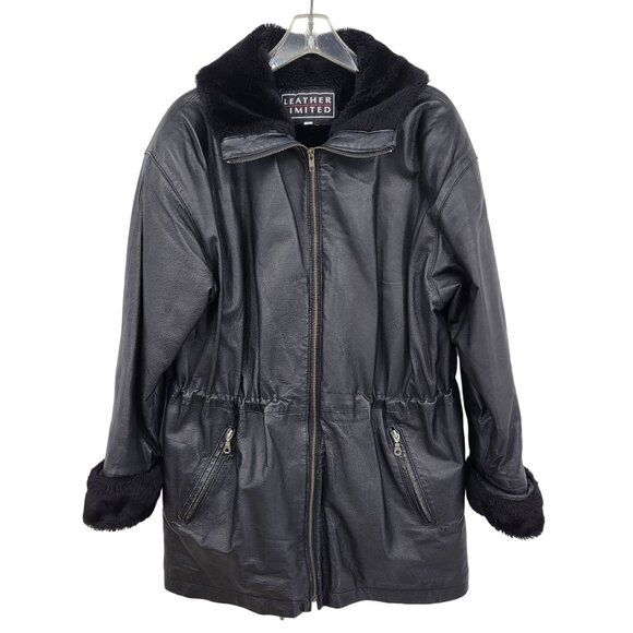 Leather Limited Black Faux Fur Trimmed Mens Jacket Size M Zipper FLAW - Picture 1 of 10